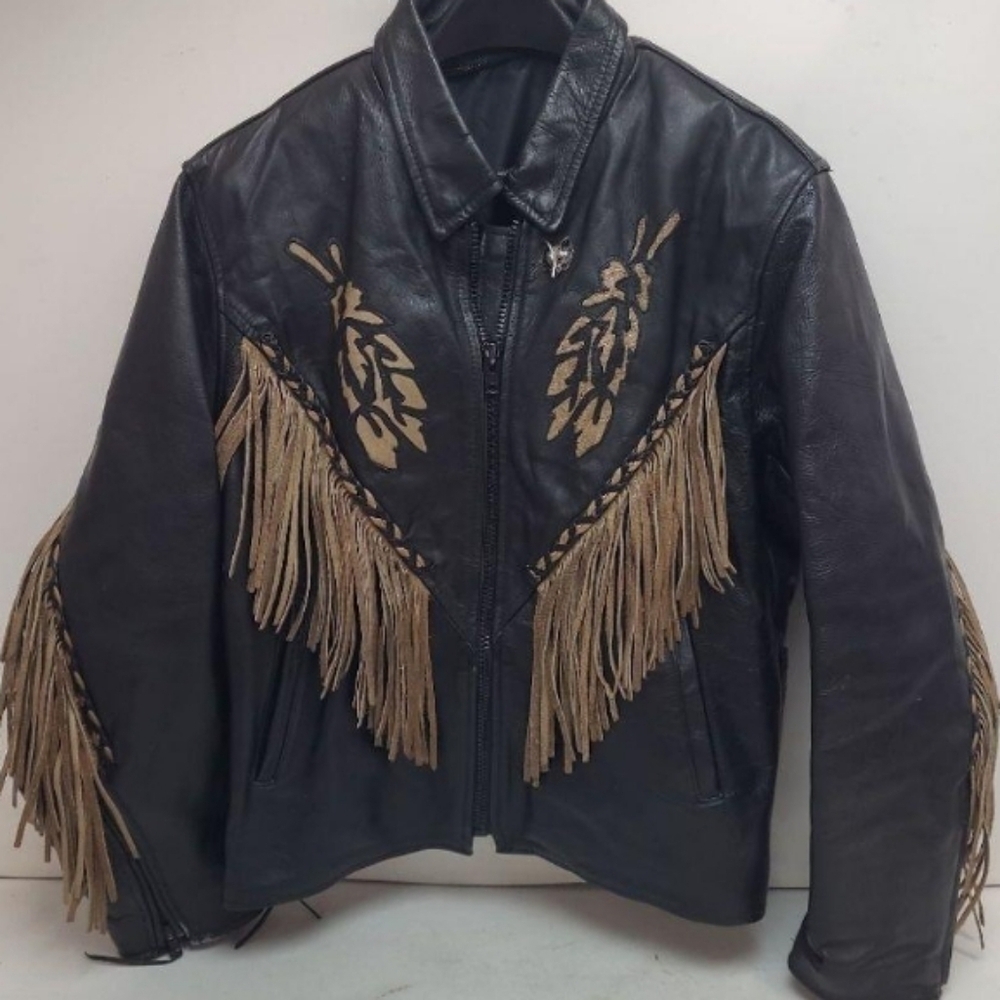 Vintage Leather Club Black & Tan Fringe Leather‎ Jacket, Eagle, XL, 23"PTP, 25"L